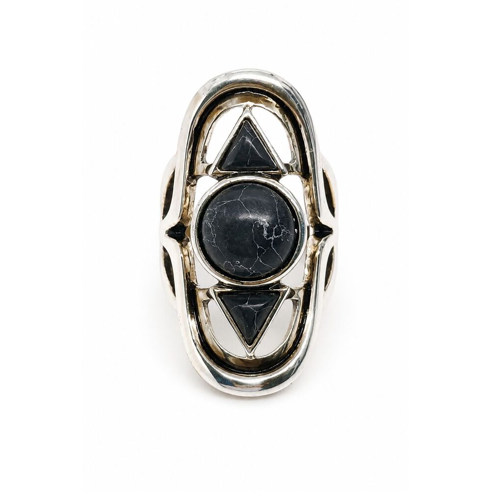 Premier Designs Ring Long Black Dyed Howlite Silver Tone Geometric Size 5.5
